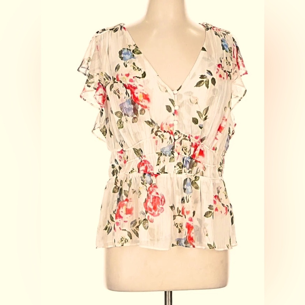 White House Black Market White Floral V-Neck Ruffle Blouse